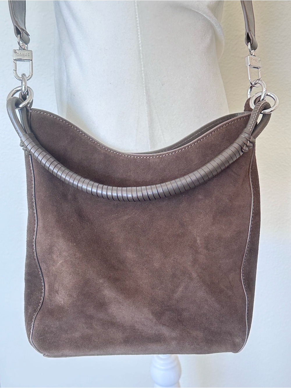 STAUD Mel Suede Shoulder Convertible Crossbody Bag with Leather Strap Truffle - Picture 4 of 9